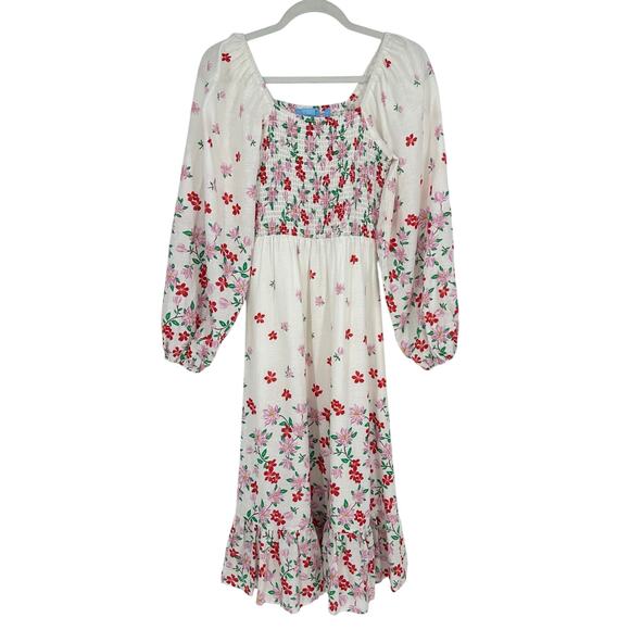 Draper James Floral Midi Dress Size S Smocked Puff Sleeve Linen Blend White Boho - Picture 2 of 14